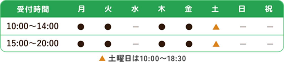 受付時間 月火木金 10:00〜14:00／15:00〜20:00、土曜は10:00〜18:30